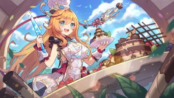 aqua eyes blush bow breasts cake candy cherry chocolate cleavage clouds dress escoffier (genshin impact) food fruit genshin impact hat knife leaves long hair orange hair saylamars sky tail wristwear