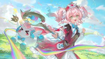 animal bow bubbles clouds crown dress grass green eyes gugu (mirukai) headdress honkai (series) honkai: star rail horse hyacine (honkai: star rail) little ica (honkai: star rail) long hair pegasus petals pink hair rainbow sky twintails wand