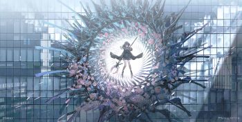 black hair boots building choker dress flowers kneehighs long hair original ponytail red eyes reflection staff swav watermark