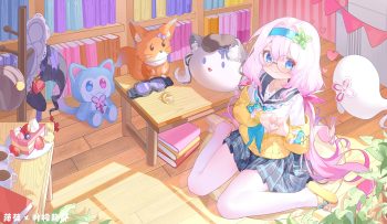 blue eyes book bow cake drink food fruit glasses goggles hat headband heart leaves loli long hair ningmeng jing jing jing jing original pantyhose pink hair school uniform skirt strawberry twintails watermark witch hat