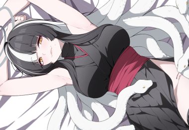 animal black hair blue archive cat smile fang habu azami halo japanese clothes long hair nopan reia 76 snake yellow eyes