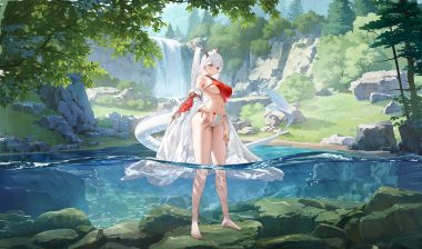 anthropomorphism azur lane barefoot breasts cameltoe chinese clothes grass horns long hair mimoza (96mimo414) no bra red eyes shimanto (azur lane) tail tree underboob underwater underwear water waterfall white hair