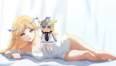 blonde hair blue eyes breasts cartethyia (wuthering waves) cleavage doll dress gmg (jiang35562897) headdress long hair pointed ears puppet wristwear wuthering waves