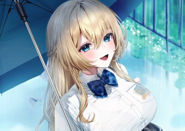 aqua eyes blonde hair blush bow bra braids haiba 09 long hair original school uniform see through umbrella underwear water