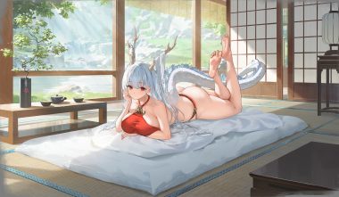 anthropomorphism ass azur lane barefoot breast hold breasts chinese clothes drink grass horns leaves long hair mimoza (96mimo414) no bra red eyes shimanto (azur lane) tail tree underwear water waterfall white hair