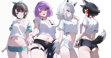 animal ears aqua eyes ass bandaid black hair blush braids brown hair choker cross fang foxgirl garter gray hair green eyes headband heart hololive kkato navel ookami mio oozora subaru orange eyes pointed ears purple hair shirakami fubuki short hair shorts signed tail tattoo tokoyami towa white wolfgirl wristwear