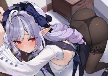 ass blush bow breasts close dress goth-loli headdress kkkula (kula) lolita fashion long hair no bra panties pantyhose pointed ears purple hair red eyes see through signed skirt lift underwear vivian banshee zenless zone zero