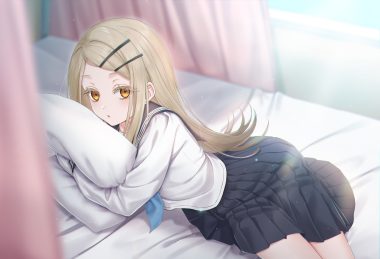 bed blonde hair gakuen idolmaster hug idolmaster long hair orange eyes school uniform shinosawa hiro shirt skirt tagme (artist)