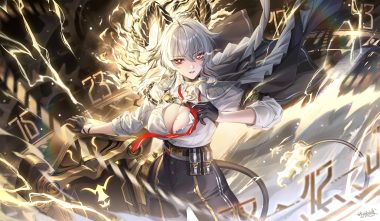 bantish breasts cape choker cleavage gloves gray hair horns magic open shirt red eyes shirt short hair signed tail tie wuthering waves zani (wuthering waves)