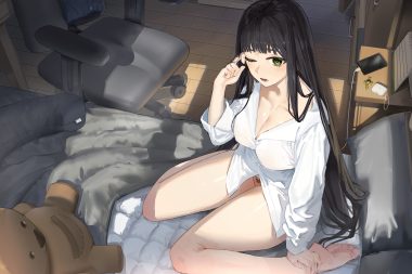 barefoot bed black hair breasts cleavage goback green eyes long hair no bra open shirt original panties phone shirt sketch teddy bear underwear wink