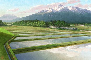 building clouds cropped landscape mugumo 24k no humans original reflection scenic signed sky train tree water