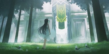 animal animal ears bird black hair bow building bunny ears bunnygirl dress grass long hair original ribbons scenic shade summer dress tree yao ren gui