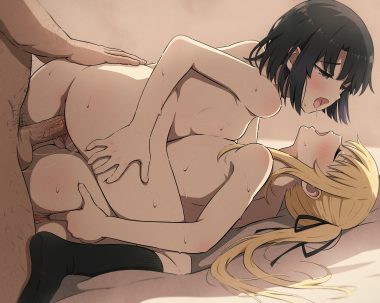2girls anus asou (asabu202) ass black hair blonde hair blush bow breasts brown eyes fingering katou megumi kneehighs long hair nude penis pussy ribbons saenai heroine no sodatekata sawamura spencer eriri sex short hair twintails uncensored wet