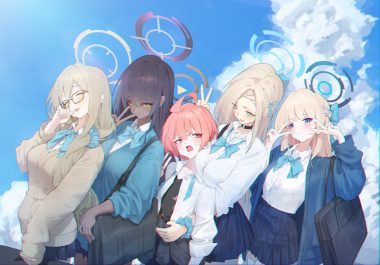aqua eyes asuma toki bandaid black hair blonde hair blue archive blue eyes blush bow braids brown hair choker clouds dark skin glasses group halo hug ichinose asuna kakudate karin long hair mikamo neru murokasa akane phoebe (user vvpf4584) pink eyes pink hair ponytail school uniform shirt short hair skirt sky wristwear yellow eyes