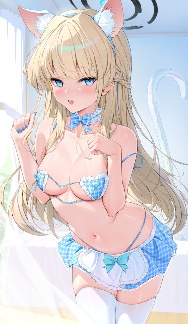 rosumerii blue archive asuma toki animal ears bra halo nekomimi tail thighhighs
