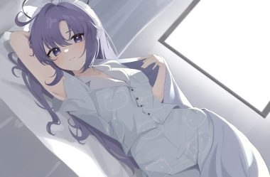 bed blue archive blush hayase yuuka k cyp long hair pajamas purple eyes purple hair shirt