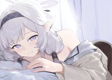 akeboshi himari bed blue archive blush close evening rabbit gray hair halo headband long hair no bra open shirt pantyhose pointed ears purple eyes twintails