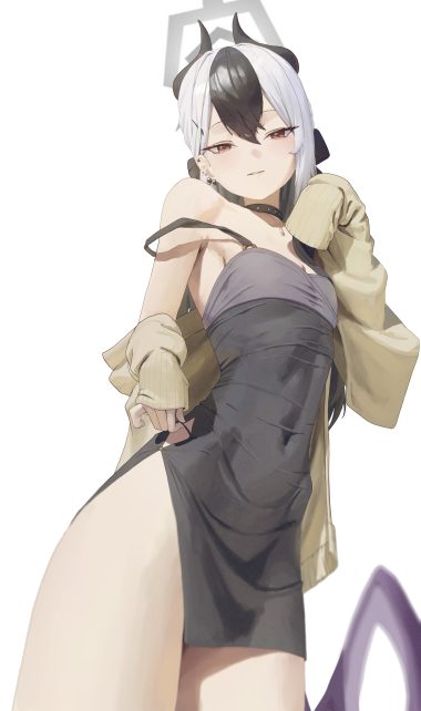rifu002 blue archive onikata kayoko devil dress halo horns no bra pantsu sweater wings