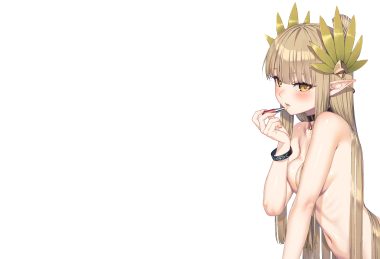 arknights blush breast hold breasts brown hair choker long hair megalateo muelsyse (arknights) navel nude pointed ears third-party edit white wristwear yellow eyes