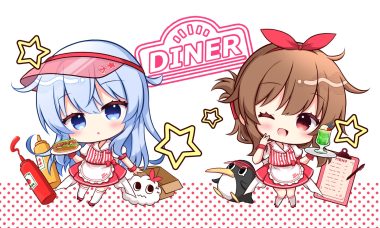 2girls animal anthropomorphism apron blue eyes blue hair blush brown hair cherry chibi drink failure penguin food fruit hat hibiki (kancolle) ice cream inazuma (kancolle) kantai collection kashiwadokoro kneehighs long hair penguin red eyes shirt short hair skirt thighhighs uniform verniy (kancolle) waitress white wink wristwear
