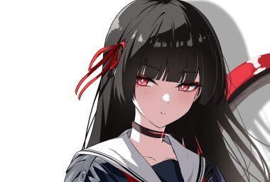 black hair bow chisa (wuthering waves) choker close long hair red eyes reia 76 school uniform white wuthering waves