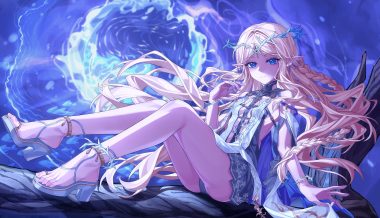 aliasing blonde hair blue eyes braids breasts cartethyia (wuthering waves) headdress long hair panties underwear upskirt wristwear wuthering waves yume (454565427)