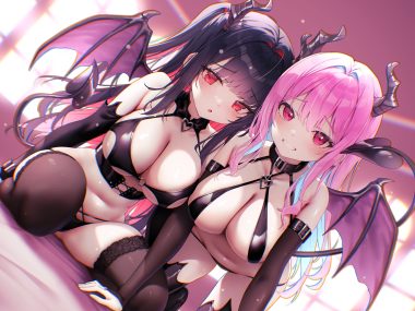 2girls bed bikini black hair blush breasts classic (zildjian33) collar demon horns long hair navel original pink eyes pink hair red eyes succubus swimsuit tail thighhighs wings
