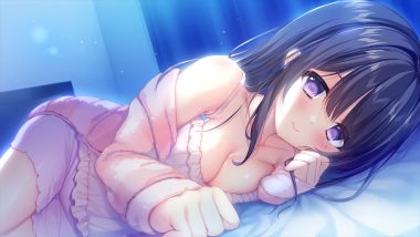 bed black hair blush breasts cleavage kurumi komomo long hair original pajamas purple eyes