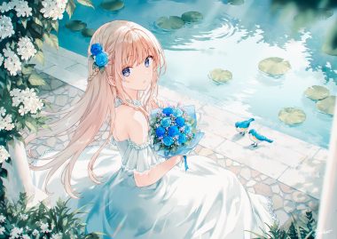 animal bird blonde hair blue eyes blush braids dress flowers hiten (hitenkei) leaves long hair original rose signed water