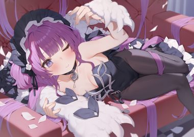 anthropomorphism azur lane blush breasts choker cleavage couch goth-loli headdress leotard lolita fashion long hair pantyhose petals purple eyes purple hair tashkent (azur lane) toki (1243309499) wink