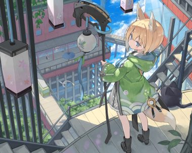 animal ears blonde hair blue eyes boots building clouds foxgirl hood leaves original poco (asahi age) shade short hair sky staff stairs tail tie umbrella