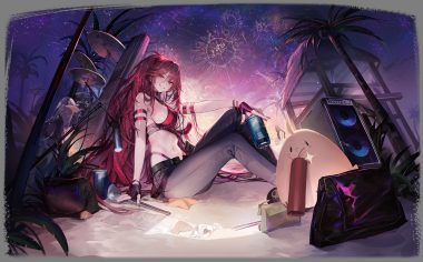 animal anthropomorphism azur lane beach bikini bird black hair blush breasts choker chyan cleavage colorado (azur lane) drink drums fireworks gloves instrument long hair manjuu (azur lane) maryland (azur lane) microphone navel night ponytail red eyes red hair sky swimsuit transparent tree west virginia (azur lane) white hair wristwear