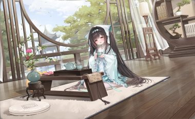 animal anthropomorphism azur lane bird book bow brown hair chang feng (azur lane) chinese clothes choker clouds dress drink flowers food headdress leaves loli long hair manjuu (azur lane) nys red eyes sky tree