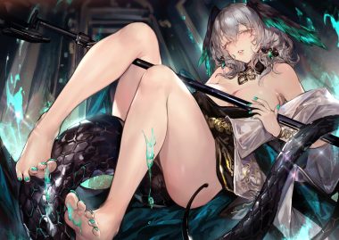 arknights barefoot breasts choker cleavage dress gray hair green eyes ho'olheyak (arknights) short hair staff tail wings wristwear xiangchizhubijin