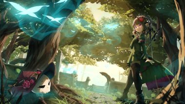aomaru boots bow braids brown hair butterfly dress final fantasy final fantasy xiv grass hat lalafell original purple eyes ruins short hair signed skull stairs sword thighhighs tree weapon witch hat