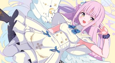 blue archive blush bow cape dress gun halo long hair misono mika pantyhose pink hair rindou ringdong weapon wings wristwear yellow yellow eyes