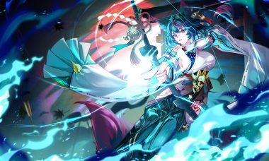 animal ears black hair bow bow (weapon) braids breasts fire foxgirl fuzijo ine (starward) japanese clothes leaves magic no bra ponytail red eyes sideboob starward tail tattoo torii weapon