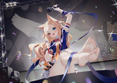 animal ears archetto (arknights) arknights barefoot bicolored eyes bingchuan xian yu huang blonde hair blush bow gloves loli long hair microphone ribbons skirt wristwear