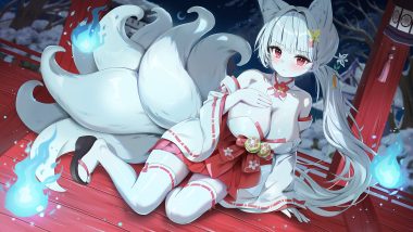 animal ears arme (cgsy7484) bell blush bow breast hold breasts choker cleavage fire foxgirl gray hair japanese clothes long hair magic miko multiple tails night no bra original ponytail red eyes snow tail thighhighs tree zettai ryouiki