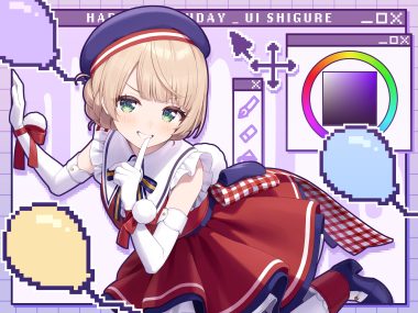 akabino blonde hair blush bow braids dress elbow gloves gloves green eyes hat ribbons shigure ui (channel) shigure ui (vtuber) short hair wristwear