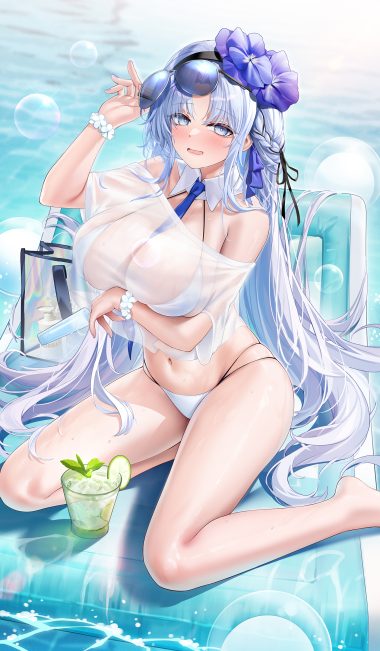 stardust (chen'ai weiding) azur lane alsace (azur lane) bikini breast hold megane see through swimsuits wet