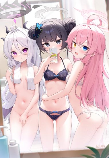 aviary blue archive ryuuge kisaki sorasaki hina takanashi hoshino bra devil halo heterochromia horns loli naked pantsu selfie thong towel wings