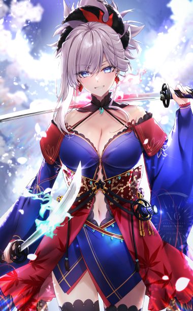 hane yuki fate/grand order miyamoto musashi (fate) cleavage japanese clothes sword thighhighs