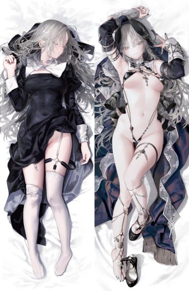 ukai saki dakimakura detexted erect nipples garter no bra nopan nun skirt lift stockings thighhighs