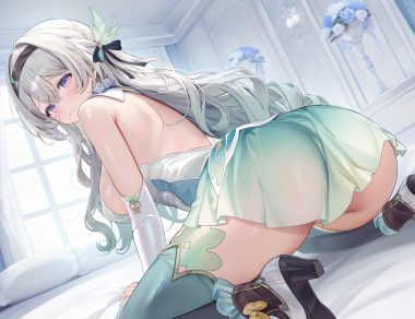 ass bed blush breasts dress firefly (honkai: star rail) gray hair headband honkai (series) honkai: star rail long hair machi (machi0910) no bra nopan purple eyes thighhighs