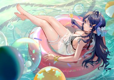 arknights ball barefoot bikini blue eyes blue hair bow breasts bubbles choker cleavage drink garter highmore (arknights) horns long hair pointed ears rero (bigdoorbig2) see through swim ring swimsuit water wristwear