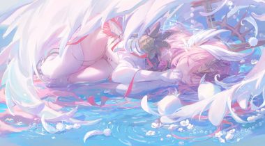 animal armor bird blush elbow gloves feathers gloves long hair pink hair ribbons sakurada hane thighhighs umehara sei water wings