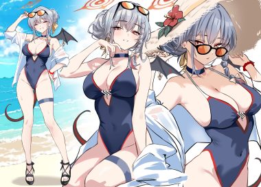 beach blue archive blush braids breasts choker cleavage clouds garter gray hair halo hat kurodate haruna open shirt red eyes shigure s shirt short hair sky sunglasses swimsuit tail water wristwear