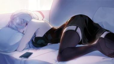 breasts couch dress garter belt han (ozrfour) long hair nijisanji no bra phone pointed ears purple eyes rhea (virtuareal) spread legs stockings virtuareal white hair wink