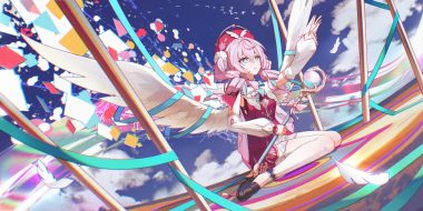 aqua eyes bow cage clouds dress feathers gleam lin shi hat honkai (series) honkai: star rail hyacine (honkai: star rail) long hair pantyhose pink hair ribbons sky twintails wings